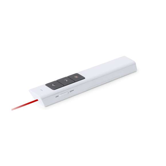 Elegante puntero láser de clase 2 con conexión USB y de suave acabado. Especialmente diseñado para presentaciones PowerPoint y Keynote, incorpora pulsadores de activación laterales, con botones de avance, pausa y retroceso. Con cuerpo especialmente diseñado para marcaje en tampografía. Alimentación a pilas: 1xAAA incluida. Presentado en elegante y resistente estuche de cartón negro, con suave esponja troquelada y compartimento para pila.