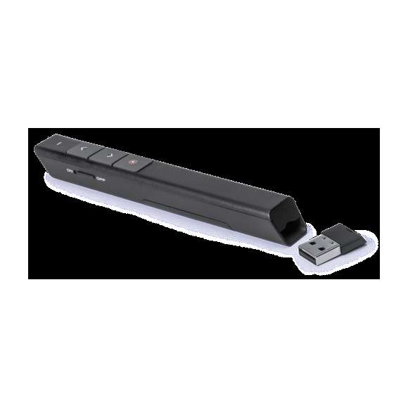 Elegante puntero láser de clase 2 con conexión USB y de suave acabado. Especialmente diseñado para presentaciones PowerPoint y Keynote, incorpora pulsadores de activación laterales, con botones de avance, pausa y retroceso. Con cuerpo especialmente diseñado para marcaje en tampografía. Alimentación a pilas: 1xAAA incluida. Presentado en elegante y resistente estuche de cartón negro, con suave esponja troquelada y compartimento para pila.