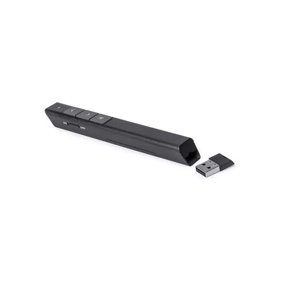 Elegante puntero láser de clase 2 con conexión USB y de suave acabado. Especialmente diseñado para presentaciones PowerPoint y Keynote, incorpora pulsadores de activación laterales, con botones de avance, pausa y retroceso. Con cuerpo especialmente diseñado para marcaje en tampografía. Alimentación a pilas: 1xAAA incluida. Presentado en elegante y resistente estuche de cartón negro, con suave esponja troquelada y compartimento para pila.