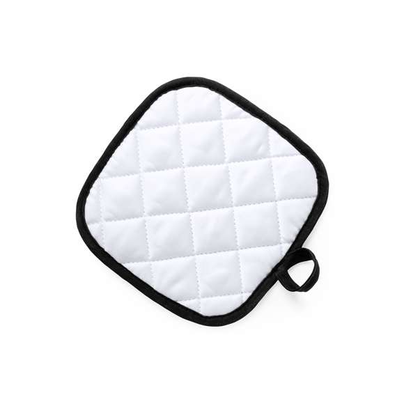  	Agarrador de cocina en suave material 100% poliéster de suave acabado en color blanco y con bordes en vivos colores. Con una cara lisa especialmente diseñada para sublimación y cinta para colgar.