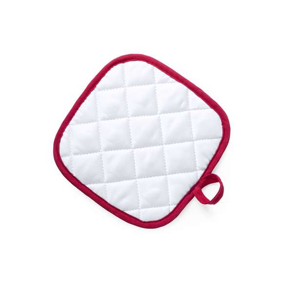  	Agarrador de cocina en suave material 100% poliéster de suave acabado en color blanco y con bordes en vivos colores. Con una cara lisa especialmente diseñada para sublimación y cinta para colgar.