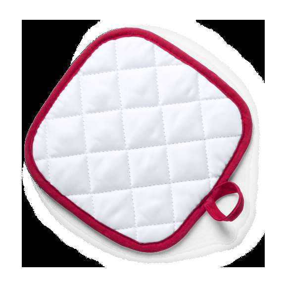  	Agarrador de cocina en suave material 100% poliéster de suave acabado en color blanco y con bordes en vivos colores. Con una cara lisa especialmente diseñada para sublimación y cinta para colgar.