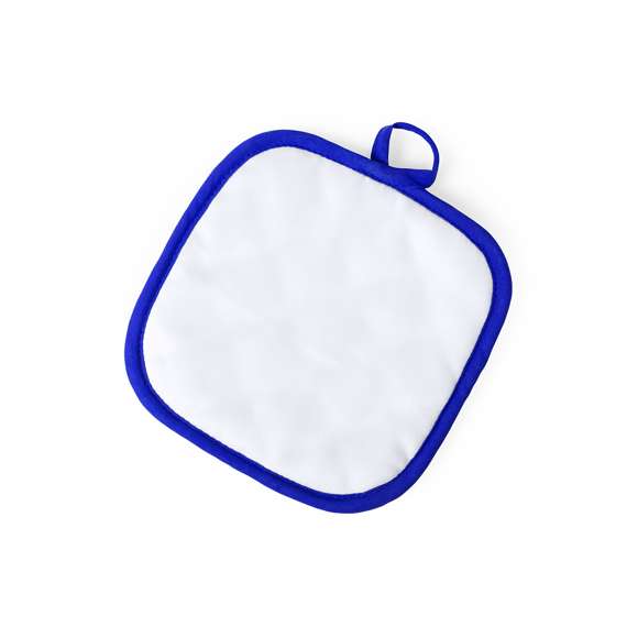  	Agarrador de cocina en suave material 100% poliéster de suave acabado en color blanco y con bordes en vivos colores. Con una cara lisa especialmente diseñada para sublimación y cinta para colgar.