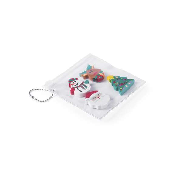 Set de gomas de borrar con originales diseños navideños. Presentadas en bolsa individual transparente con cierre zippery zona posterior blanca para impresión. Con cadenita de transporte.