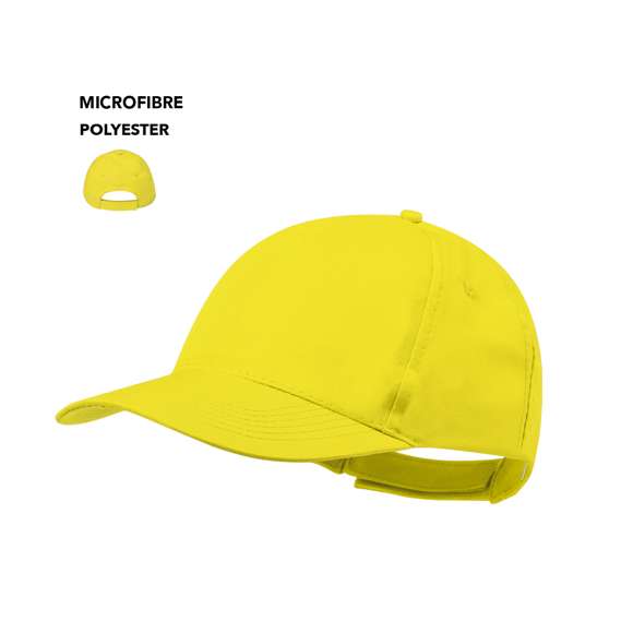 Gorra de 5 paneles en material 100% microfibra/poliéster de suave acabado y cierre ajustable de velcro. Con orificios de ventilación bordados y en variada gama de vivos colores.