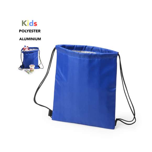 Mochila nevera de cuerdas para niño en suave poliéster 210D de alegres colores y extensa gama de colores. Con cuerdas autocierre en color negro y esquinas con refuerzo. Interior isotermo en acabado de aluminio.