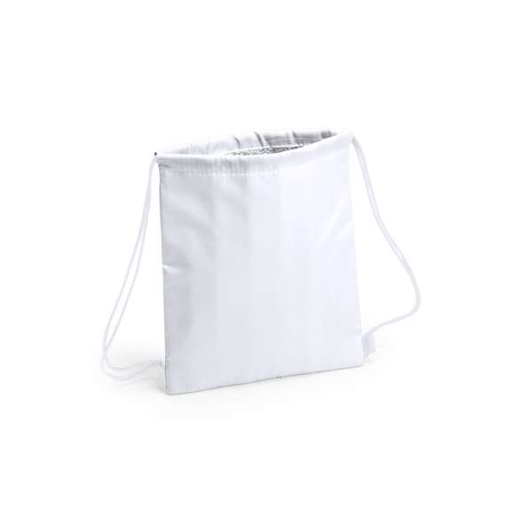 Mochila nevera de cuerdas para niño en suave poliéster 210D de alegres colores y extensa gama de colores. Con cuerdas autocierre en color negro y esquinas con refuerzo. Interior isotermo en acabado de aluminio.