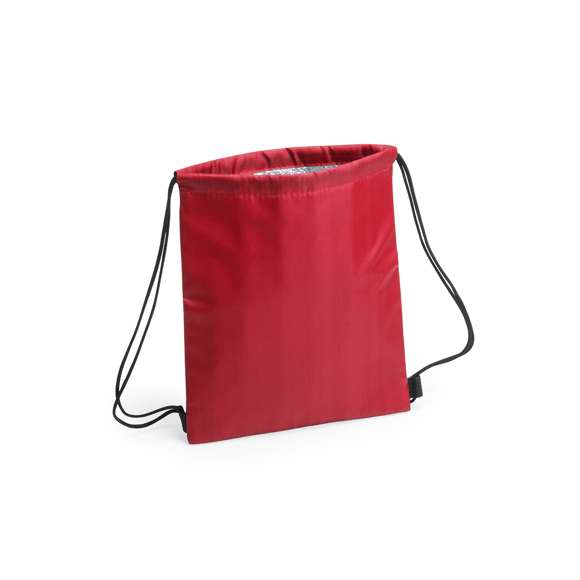 Mochila nevera de cuerdas para niño en suave poliéster 210D de alegres colores y extensa gama de colores. Con cuerdas autocierre en color negro y esquinas con refuerzo. Interior isotermo en acabado de aluminio.