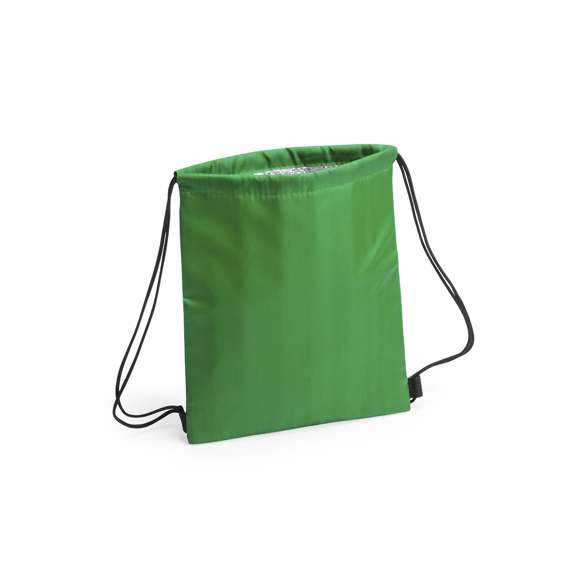 Mochila nevera de cuerdas para niño en suave poliéster 210D de alegres colores y extensa gama de colores. Con cuerdas autocierre en color negro y esquinas con refuerzo. Interior isotermo en acabado de aluminio.