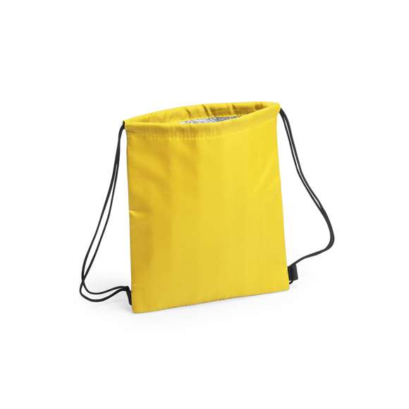 Mochila nevera de cuerdas para niño en suave poliéster 210D de alegres colores y extensa gama de colores. Con cuerdas autocierre en color negro y esquinas con refuerzo. Interior isotermo en acabado de aluminio.