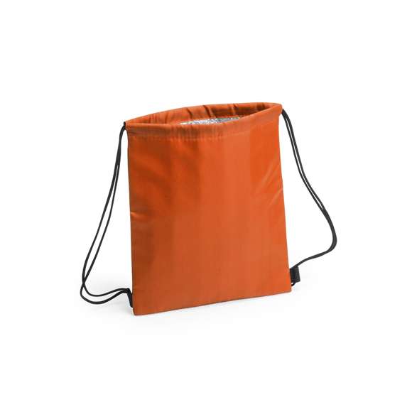 Mochila nevera de cuerdas para niño en suave poliéster 210D de alegres colores y extensa gama de colores. Con cuerdas autocierre en color negro y esquinas con refuerzo. Interior isotermo en acabado de aluminio.