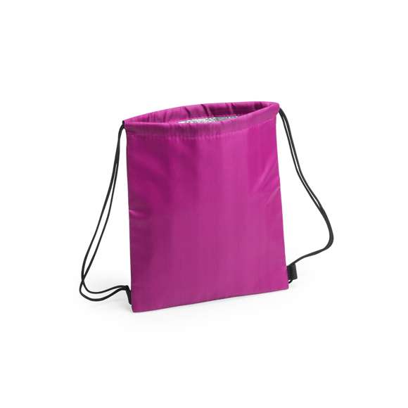 Mochila nevera de cuerdas para niño en suave poliéster 210D de alegres colores y extensa gama de colores. Con cuerdas autocierre en color negro y esquinas con refuerzo. Interior isotermo en acabado de aluminio.