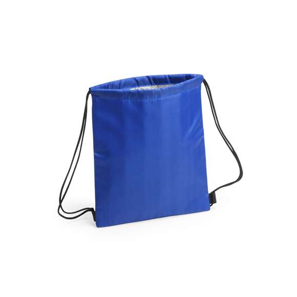 Mochila nevera de cuerdas para niño en suave poliéster 210D de alegres colores y extensa gama de colores. Con cuerdas autocierre en color negro y esquinas con refuerzo. Interior isotermo en acabado de aluminio.