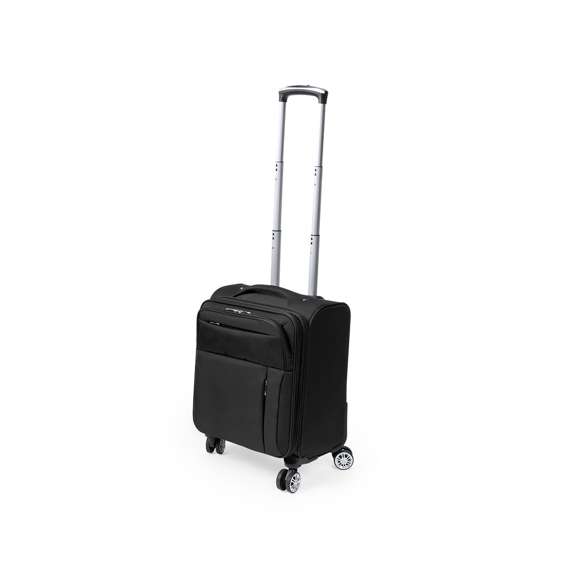 Trolley de negocios de apertura total con 4 ruedas telescópicas acabado en nylon. De sobrios colores, con asa exterior reforzada a juego y prácticos bolsillos en parte frontal. Con identificador, cierre de seguridad de combinación numérica y cremalleras a juego, incluye además compartimento interior acolchado para ordenador portátil de hasta 15 pulgadas y multitud de bolsillos interiores.