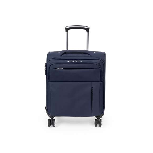 Trolley de negocios de apertura total con 4 ruedas telescópicas acabado en nylon. De sobrios colores, con asa exterior reforzada a juego y prácticos bolsillos en parte frontal. Con identificador, cierre de seguridad de combinación numérica y cremalleras a juego, incluye además compartimento interior acolchado para ordenador portátil de hasta 15 pulgadas y multitud de bolsillos interiores.