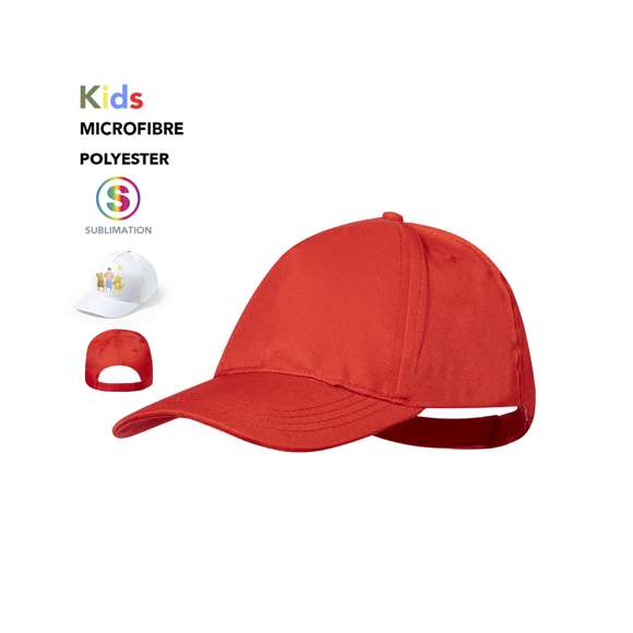 Gorra de niño de 5 paneles en material 100% microfibra/poliéster de suave acabado y cierre ajustable de velcro. Con orificios de ventilación bordados y en variada gama de vivos colores.