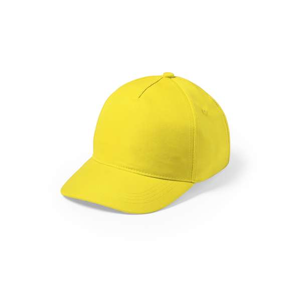 Gorra de niño de 5 paneles en material 100% microfibra/poliéster de suave acabado y cierre ajustable de velcro. Con orificios de ventilación bordados y en variada gama de vivos colores.