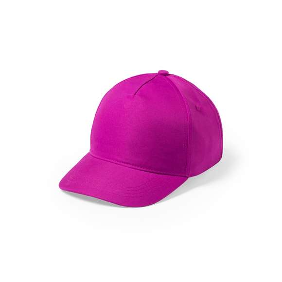 Gorra de niño de 5 paneles en material 100% microfibra/poliéster de suave acabado y cierre ajustable de velcro. Con orificios de ventilación bordados y en variada gama de vivos colores.