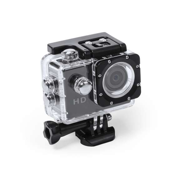 Cámara deportiva de alta calidad de captura de vídeo HD 720p, de diseño compacto y resistente, especialmente diseñada para uso intensivo. Incluye carcasa sumergible hasta 30m de profundidad y multitud de accesorios para ajuste en casco, manillar o cinturón, así como correas ajustables para cabeza y torso o un adaptador giratorio de 360º. La versatilidad y resistencia de esta cámara deportiva la convierten en el gadget perfecto para capturar, con una calidad excepcional, cualquier actividad deportiva. Con función cámara de fotos Full HD 1080p, ranura para tarjetas micro SD de hasta 32 GB de capacidad, sistema multilenguaje, y recargable mediante cable microUSB -incluido-. Presentada en atractiva caja de diseño.