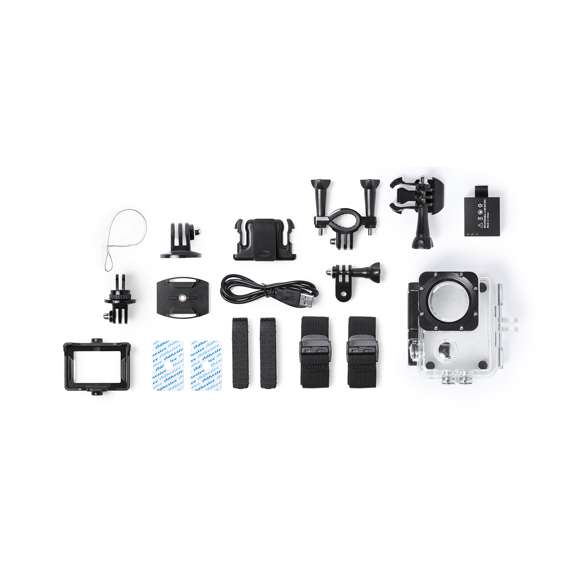 Cámara deportiva de alta calidad de captura de vídeo HD 720p, de diseño compacto y resistente, especialmente diseñada para uso intensivo. Incluye carcasa sumergible hasta 30m de profundidad y multitud de accesorios para ajuste en casco, manillar o cinturón, así como correas ajustables para cabeza y torso o un adaptador giratorio de 360º. La versatilidad y resistencia de esta cámara deportiva la convierten en el gadget perfecto para capturar, con una calidad excepcional, cualquier actividad deportiva. Con función cámara de fotos Full HD 1080p, ranura para tarjetas micro SD de hasta 32 GB de capacidad, sistema multilenguaje, y recargable mediante cable microUSB -incluido-. Presentada en atractiva caja de diseño.