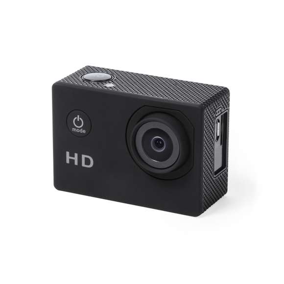 Cámara deportiva de alta calidad de captura de vídeo HD 720p, de diseño compacto y resistente, especialmente diseñada para uso intensivo. Incluye carcasa sumergible hasta 30m de profundidad y multitud de accesorios para ajuste en casco, manillar o cinturón, así como correas ajustables para cabeza y torso o un adaptador giratorio de 360º. La versatilidad y resistencia de esta cámara deportiva la convierten en el gadget perfecto para capturar, con una calidad excepcional, cualquier actividad deportiva. Con función cámara de fotos Full HD 1080p, ranura para tarjetas micro SD de hasta 32 GB de capacidad, sistema multilenguaje, y recargable mediante cable microUSB -incluido-. Presentada en atractiva caja de diseño.