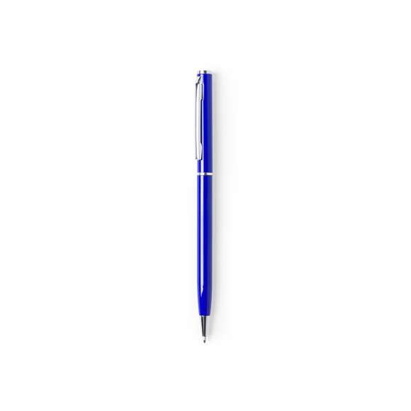 Bolígrafo fabricado en aluminio, de acabado brillo y mecanismo giratorio, con accesorios y anillas en cromado. Disponible en extensa gama de colores, con tinta azul.