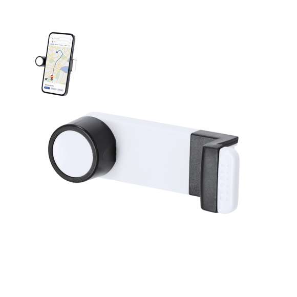 Soporte para smartphone de diseño minimalista y elegante acabado bicolor en blanco y negro. Con sistema de fijación para rejilla de ventilación del automóvil y pastilla circular frontal especialmente diseñada para marcaje en tampografía.