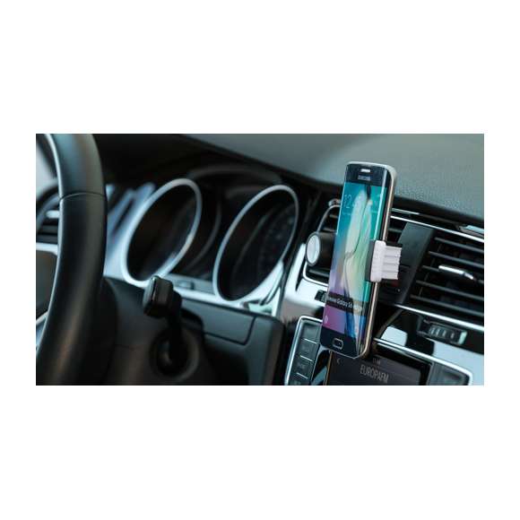 Soporte para smartphone de diseño minimalista y elegante acabado bicolor en blanco y negro. Con sistema de fijación para rejilla de ventilación del automóvil y pastilla circular frontal especialmente diseñada para marcaje en tampografía.