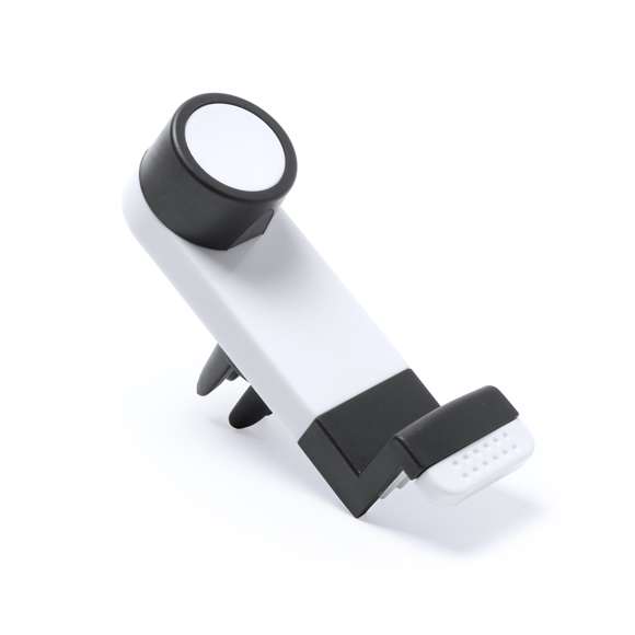 Soporte para smartphone de diseño minimalista y elegante acabado bicolor en blanco y negro. Con sistema de fijación para rejilla de ventilación del automóvil y pastilla circular frontal especialmente diseñada para marcaje en tampografía.