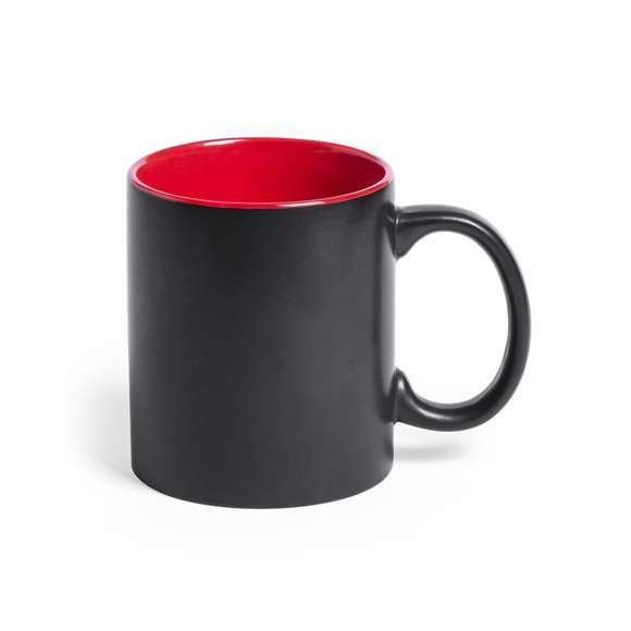 Taza de cerámica de alta calidad de 350ml de capacidad. Parte exterior en color negro, especialmente diseñada para marcaje en láser, e interior en variada gama de vivos colores. Al grabar el logotipo en la parte exterior, se muestra el color del interior de la taza. Presentada en caja individual.Disponible manual de instrucciones en español e inglés.