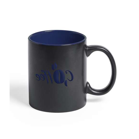 Taza de cerámica de alta calidad de 350ml de capacidad. Parte exterior en color negro, especialmente diseñada para marcaje en láser, e interior en variada gama de vivos colores. Al grabar el logotipo en la parte exterior, se muestra el color del interior de la taza. Presentada en caja individual.Disponible manual de instrucciones en español e inglés.