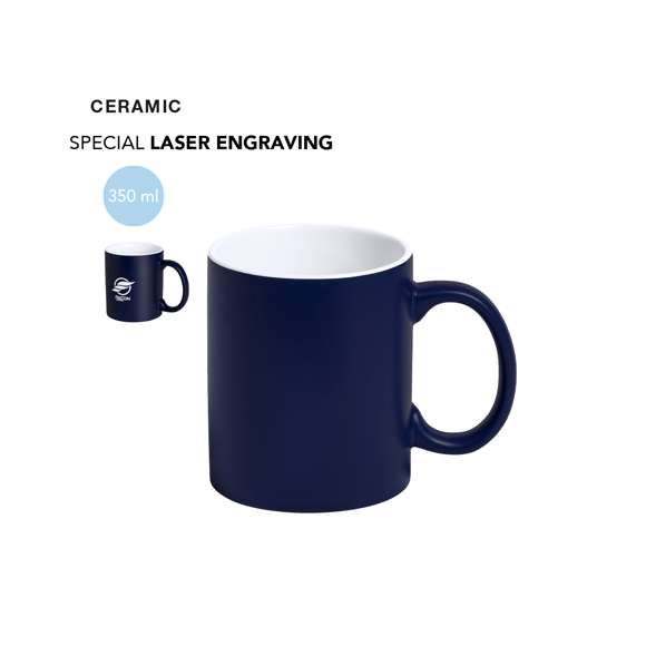 Taza de cerámica de alta calidad de 350ml de capacidad. Parte exterior en vivos colores, especialmente diseñada para marcaje en láser, e interior en color blanco. Al grabar el logotipo en la parte exterior, se muestra el color del interior de la taza. Presentada en caja individual.Disponible manual de instrucciones en español e inglés.