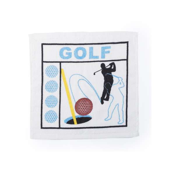 Original toalla en material 100% algodón de 245 gramos. Plegada dentro de bola con diseños fútbol, baloncesto, tenis y golf. Bola retractilada en bolsa y presentada en funda de poliéster con mosquetón metálico de transporte
