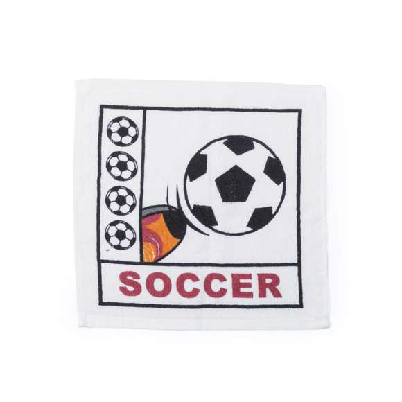 Original toalla en material 100% algodón de 245 gramos. Plegada dentro de bola con diseños fútbol, baloncesto, tenis y golf. Bola retractilada en bolsa y presentada en funda de poliéster con mosquetón metálico de transporte