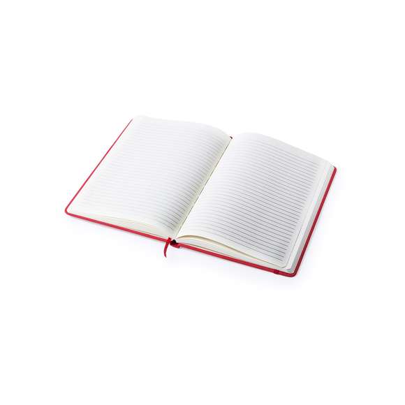 Bloc de notas A5 con tapas duras fabricado en suave polipiel y con 100 hojas de disposición a una raya. Incluye marcapáginas de tela y banda elástica a juego. Disponible en una variada gama de colores.