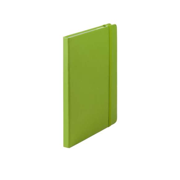 Bloc de notas A5 con tapas duras fabricado en suave polipiel y con 100 hojas de disposición a una raya. Incluye marcapáginas de tela y banda elástica a juego. Disponible en una variada gama de colores.