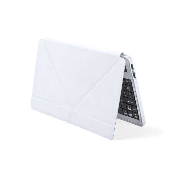  	Teclado Bluetooth® con función soporte para tablet en suave acabado de polipiel. De diseño compacto, en atrevidos colores y recargable mediante cable mini USB -incluido-. Compatible con cualquier sistema operativo y presentado en atractiva caja de diseño.