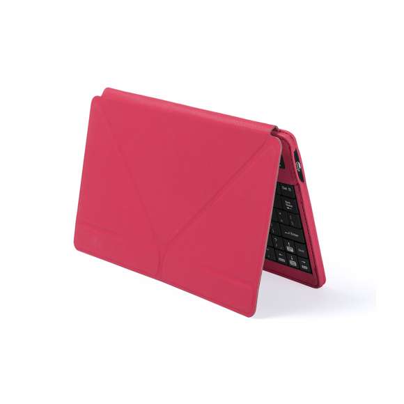  	Teclado Bluetooth® con función soporte para tablet en suave acabado de polipiel. De diseño compacto, en atrevidos colores y recargable mediante cable mini USB -incluido-. Compatible con cualquier sistema operativo y presentado en atractiva caja de diseño.