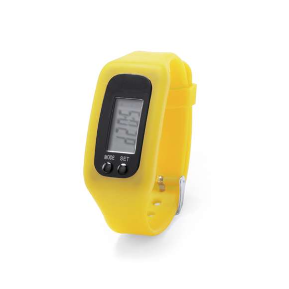  	Desenfadado reloj digital de corte deportivo con pantalla LCD rectangular, correa ajustable de silicona y resistente a las salpicaduras de agua. Indicado para todo tipo de actividades deportivas y de ocio. Con pila de botón incluida y presentado en atractiva caja de diseño.