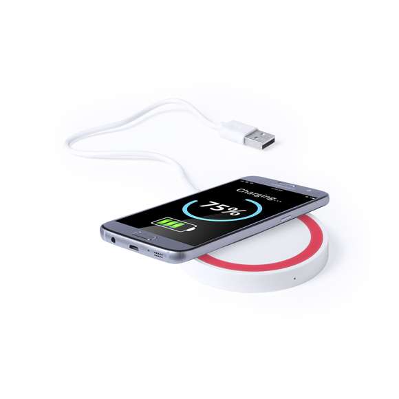 Cargador inalámbrico circular de diseño bicolor. Con base antideslizante e indicador LED de estado de carga. Compatible con smartphones con tecnología de carga inalámbrica y presentado en atractiva caja de diseño.
