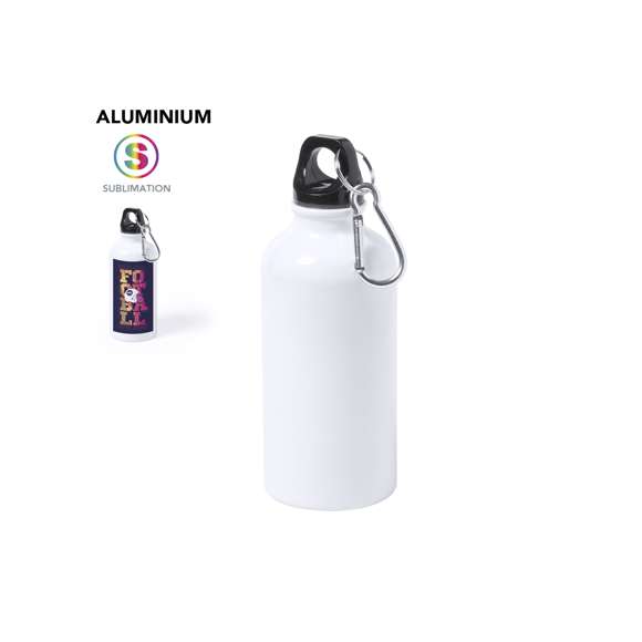Bidón de 400ml de capacidad con cuerpo de acabado en suave y brillante color blanco, especialmente diseñado para marcaje en sublimación. Con tapón de seguridad a rosca y mosquetón metálico de transporte. Presentado en caja individual. Disponible manual de instrucciones en español e inglés.
