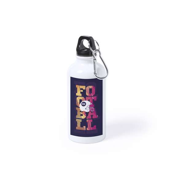 Bidón de 400ml de capacidad con cuerpo de acabado en suave y brillante color blanco, especialmente diseñado para marcaje en sublimación. Con tapón de seguridad a rosca y mosquetón metálico de transporte. Presentado en caja individual. Disponible manual de instrucciones en español e inglés.