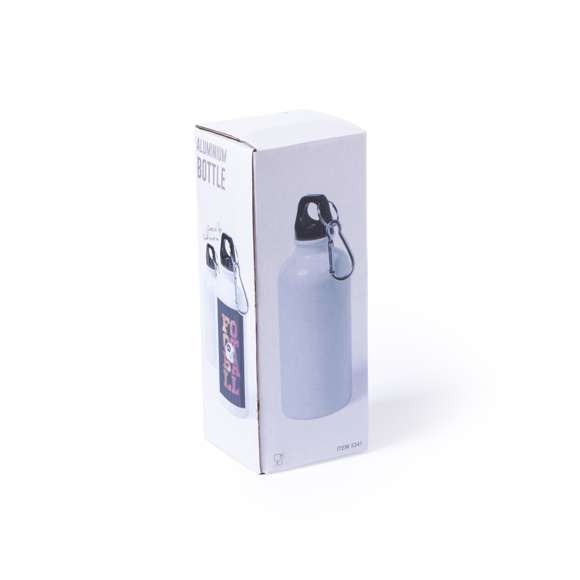 Bidón de 400ml de capacidad con cuerpo de acabado en suave y brillante color blanco, especialmente diseñado para marcaje en sublimación. Con tapón de seguridad a rosca y mosquetón metálico de transporte. Presentado en caja individual. Disponible manual de instrucciones en español e inglés.