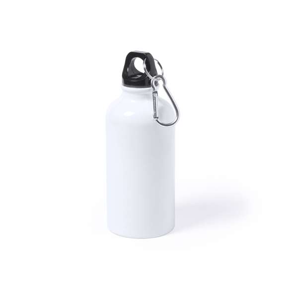 Bidón de 400ml de capacidad con cuerpo de acabado en suave y brillante color blanco, especialmente diseñado para marcaje en sublimación. Con tapón de seguridad a rosca y mosquetón metálico de transporte. Presentado en caja individual. Disponible manual de instrucciones en español e inglés.