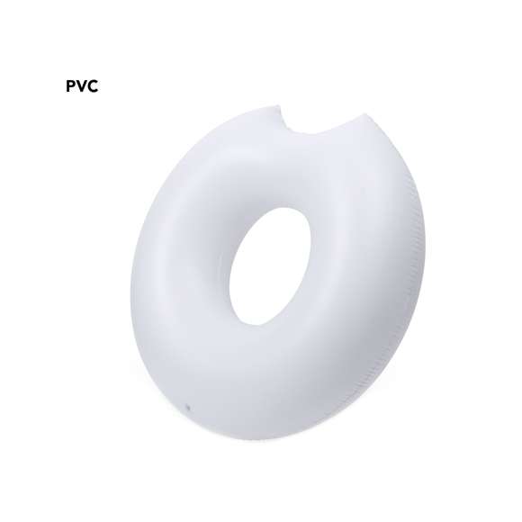 Original colchoneta inflable en PVC de tamaño maxi y en forma de donut con bocado. Presentada con plegado especial para fácil impresión.