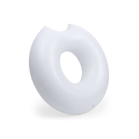 Original colchoneta inflable en PVC de tamaño maxi y en forma de donut con bocado. Presentada con plegado especial para fácil impresión.