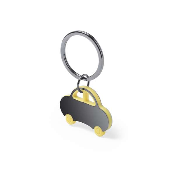Llavero coche de diseño bicolor con cuerpo de acero inox en variada combinación de colores.