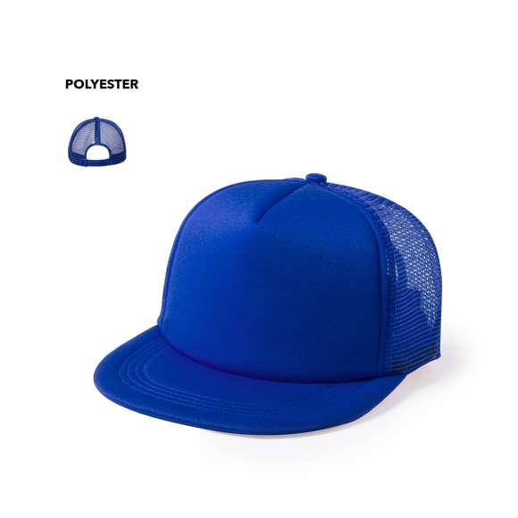 Gorra de 5 paneles con visera plana acolchada y parte trasera en redecilla a juego. Material 100% poliéster de suave acabado, con cierre ajustable de botones y en variada gama de vivos colores.