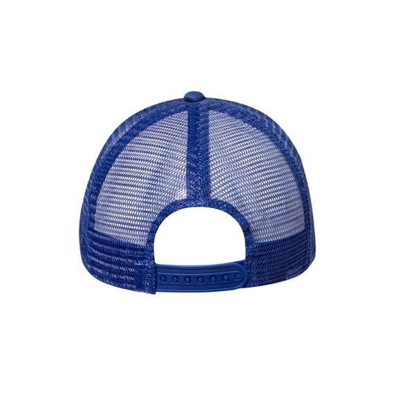 Gorra de 5 paneles con visera plana acolchada y parte trasera en redecilla a juego. Material 100% poliéster de suave acabado, con cierre ajustable de botones y en variada gama de vivos colores.