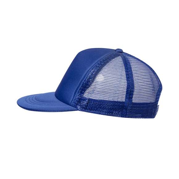 Gorra de 5 paneles con visera plana acolchada y parte trasera en redecilla a juego. Material 100% poliéster de suave acabado, con cierre ajustable de botones y en variada gama de vivos colores.